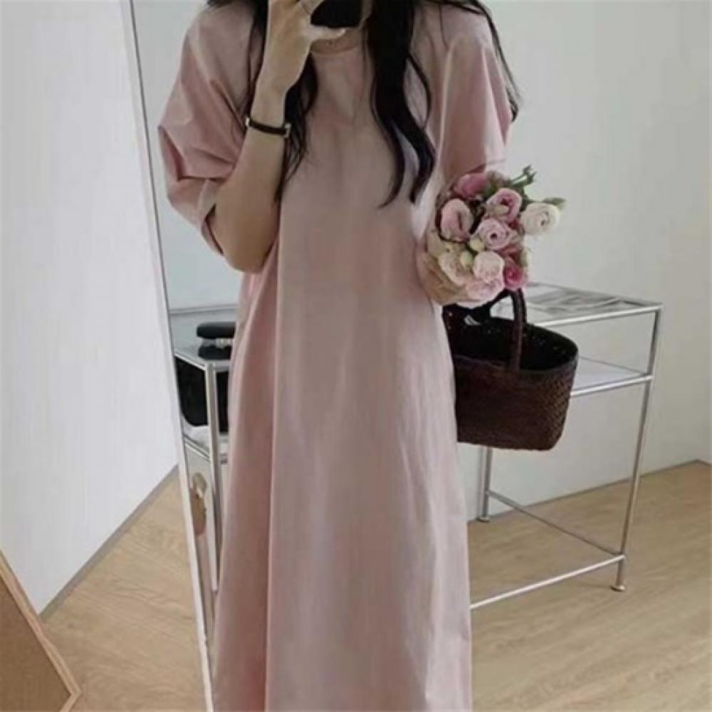 New Arrivals Open Run Women Cotton Pintuck Plain Dress Flare Puff Long Dress