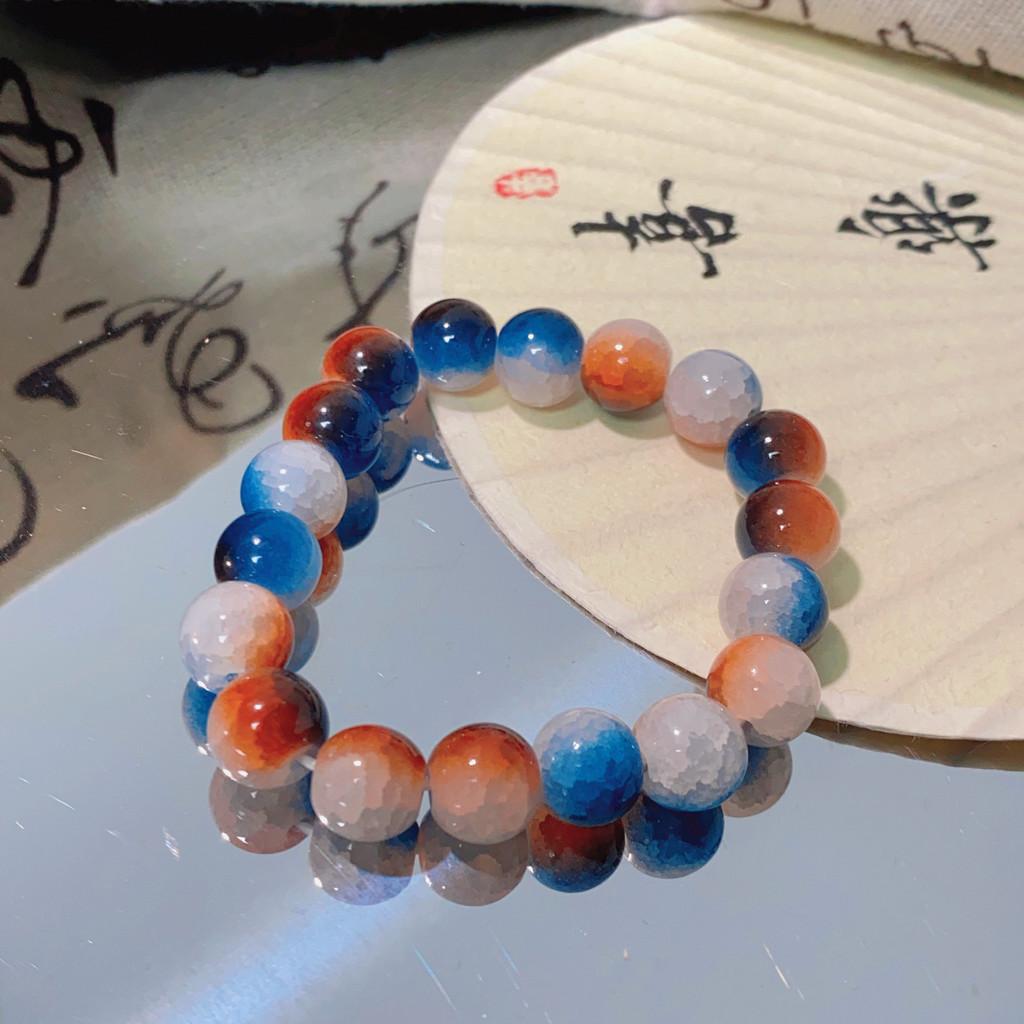 Modern Chinese Style Handmade Bracelet With Deep Sea Glass And Blue Tiger Stones Eye