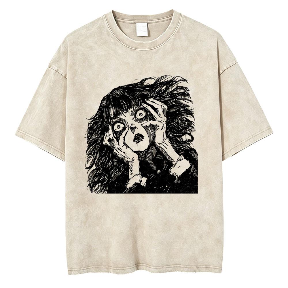 Unisex Washed Vintage Horror Anime Junji Ito Uzumaki Graphic T-shirt Men Women Manga Retro Oversized T Shirt Y2k Casual Cotton T-shirts