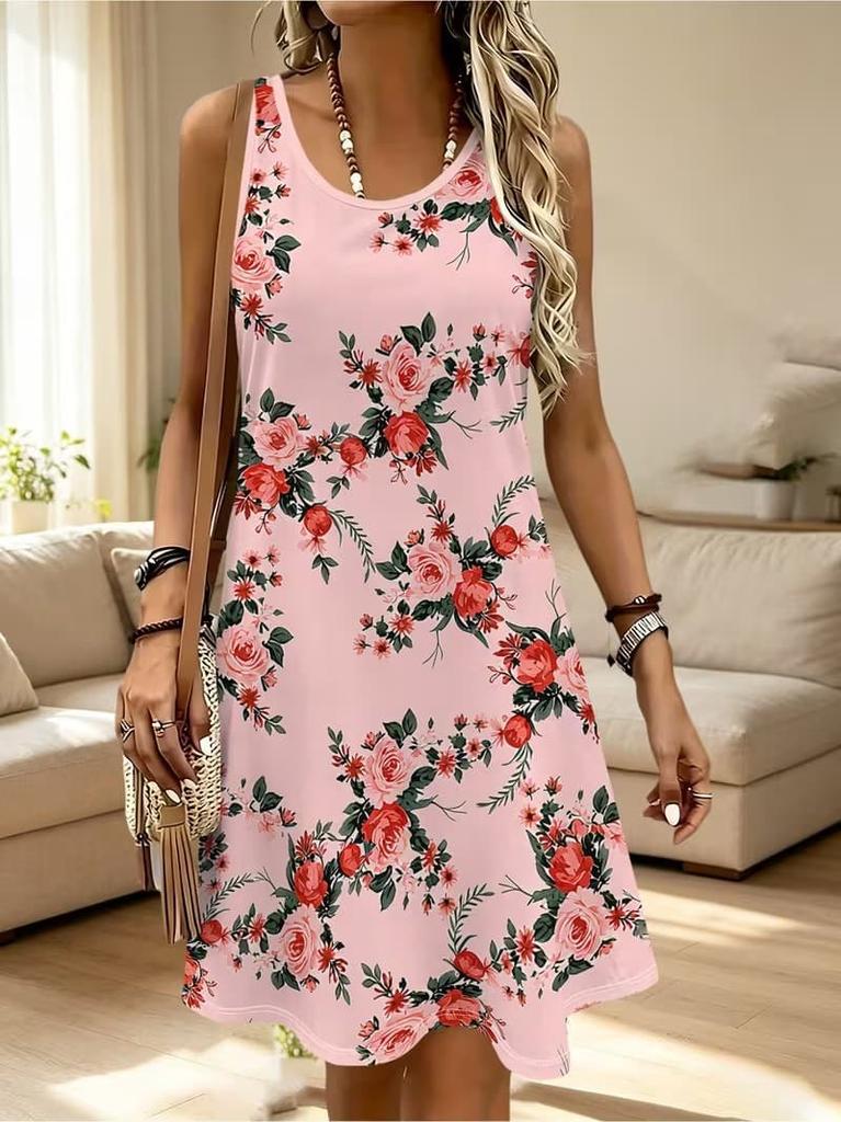 Lässiges Damen Tanktop-Kleid Sommer Ärmellos O-Ausschnitt 3D-Druck Locker A-Linien-Kleid Strand-Westenkleid