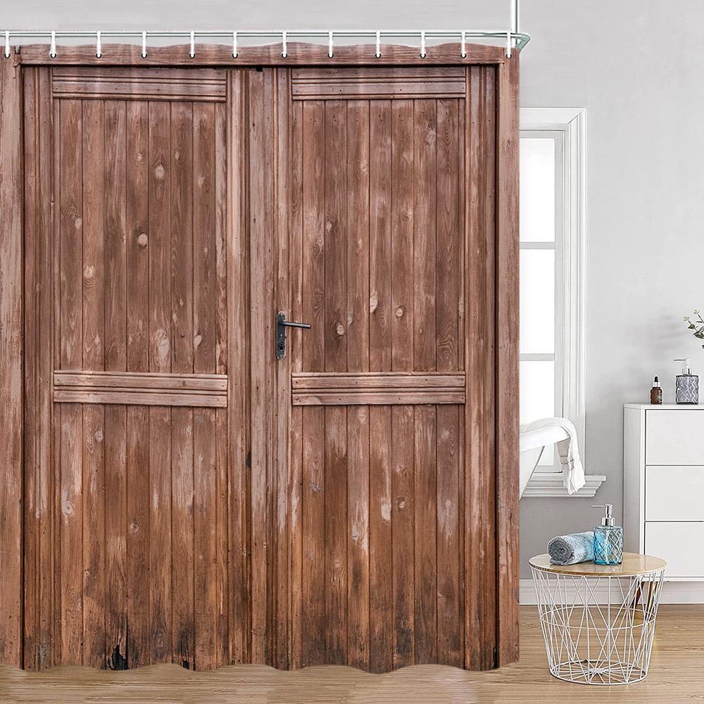 Rustic Barn Door Shower Curtains Grey White Brown Wooden Board Vintage Farmhouse Decorative Polyester Fabric Bathroom Curtains