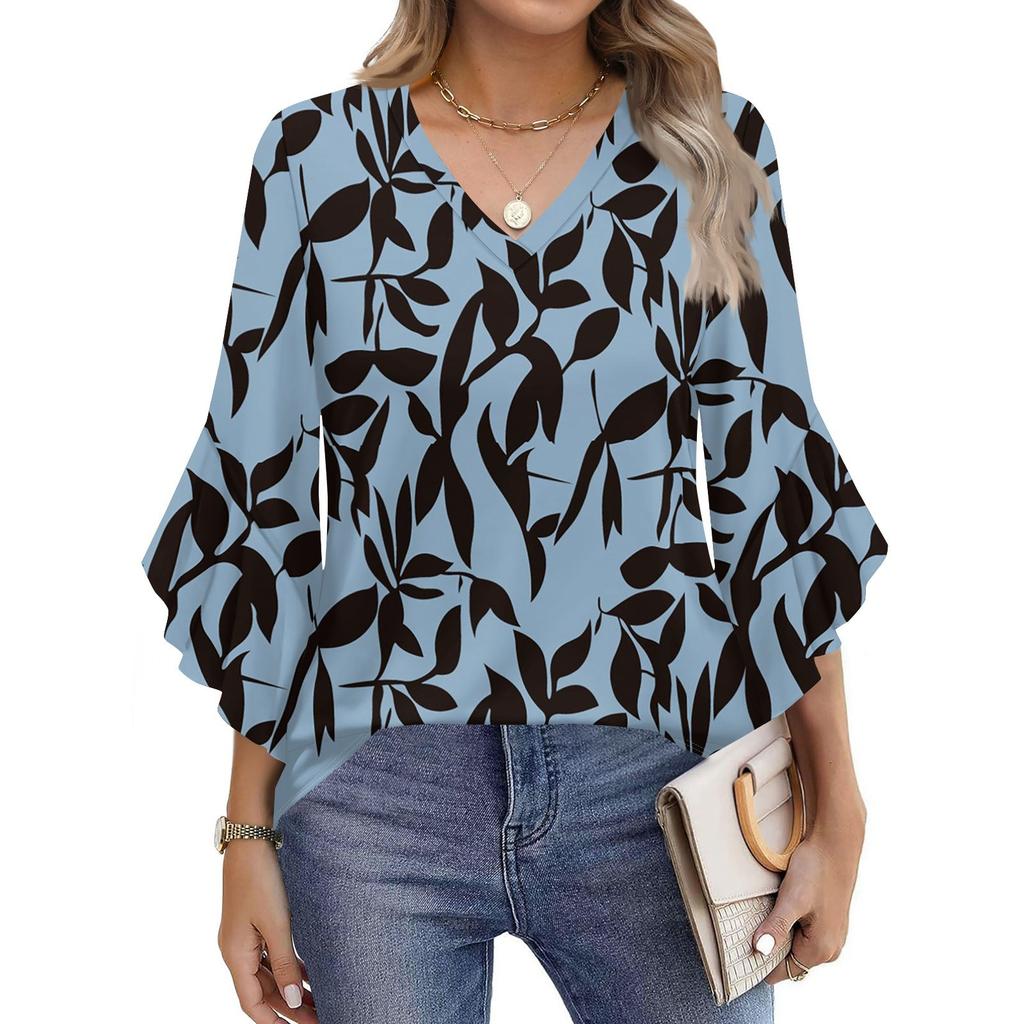 Women's Fashion Casual Seven-minute Sleeve Vintage Floral Print Top V-neck T-shirt Flared Sleeve Shirt