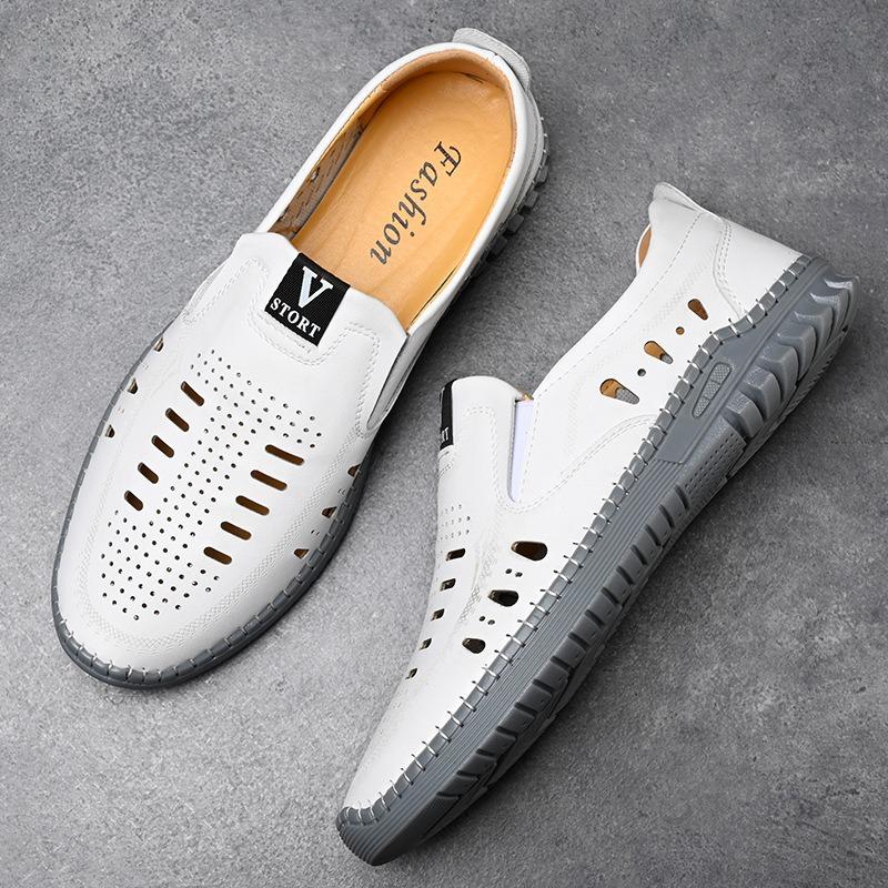 Men Casual Leather Shoes Summer Hollow Out Breathable Sandals Soft Soled Comfort Driving Shoes for Men Slip-On Loafers Mocasines