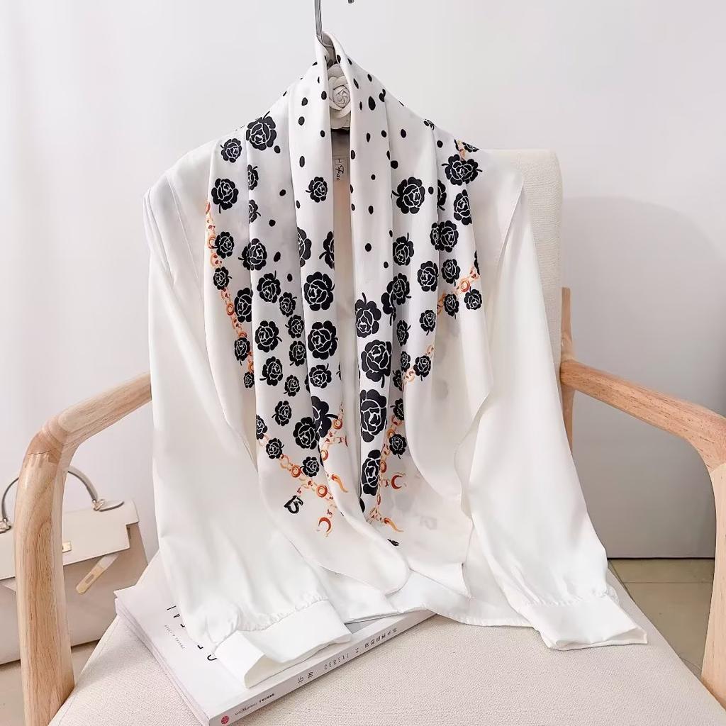 Retro twill rose print 91CM large square scarf versatile foreign style French scarf women's shirt shawl scarf