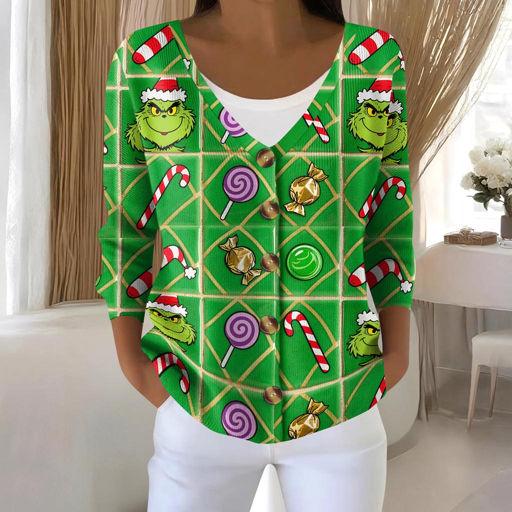 Women's Fashion Long Sleeve Christmas Snowman Snowflake Print Jacket Cardigan