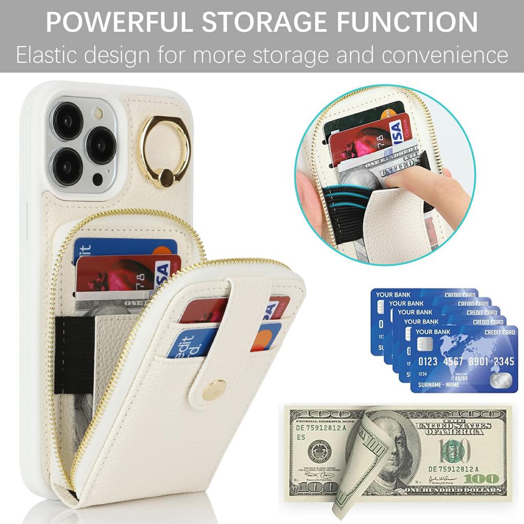For iPhone 13 Pro Max/12 Pro Max Case with Zipper Pouch/Ring Kickstand/Strap Litchi Texture PU+TPU Phone Cover