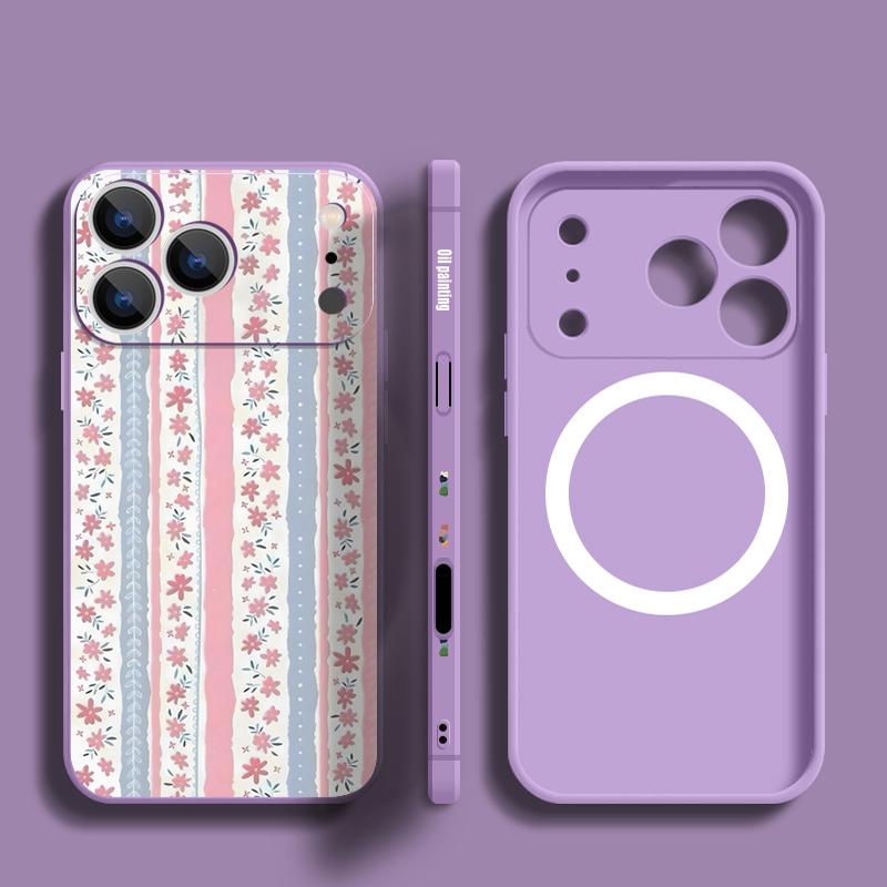 Magnetic For Magsafe Case For iPhone 17 Pro Max Floral Stripes Print Soft Silicone Phone Back Cover For iPhone 16 15 14 13 Pro Max 16e 17e