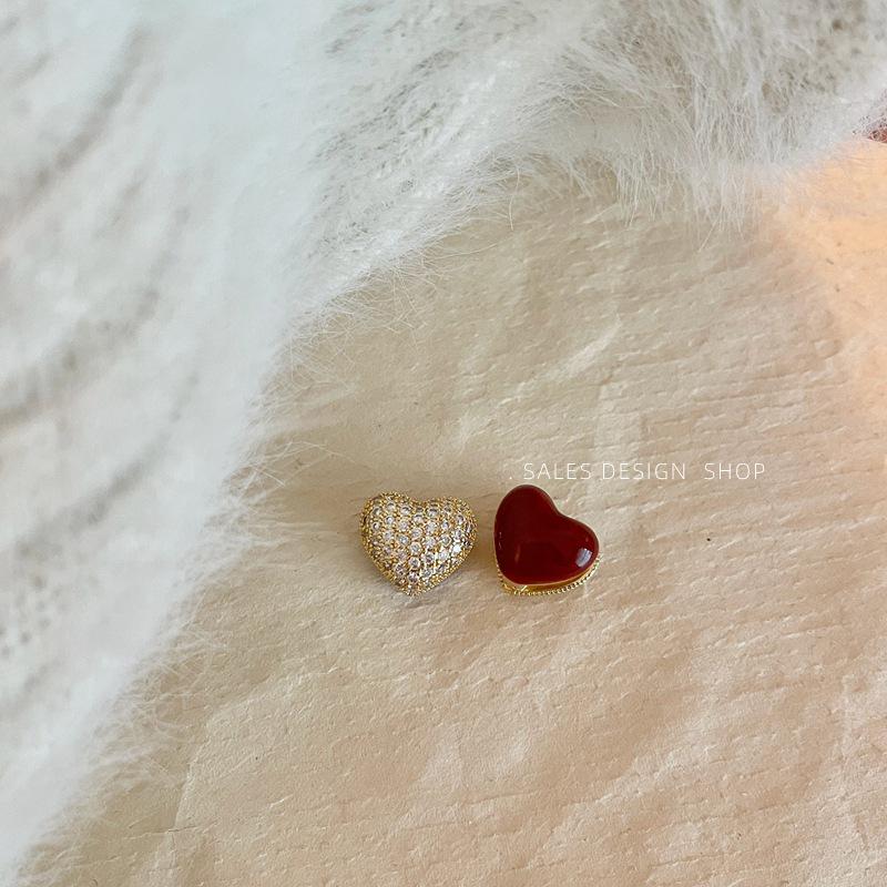 

French Luxury Red Drip Glaze Double-Sided Heart Diamond Ear Cuffs - Elegant Retro Earrings for Women