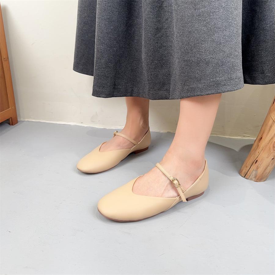 Johnature Handmade Genuine Leather Women's Shoes Retro Round Toe Soft Soled Belt Buckle Flat Shoes