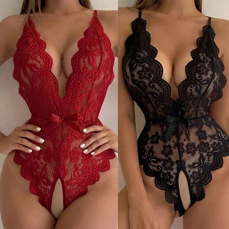 Sexy Costme Summer Outfits Sets Woman Women's Sexy One Piece Hollow Open Deep V Bowknot Lace Party Mesh Bodysuit Jumpsuit