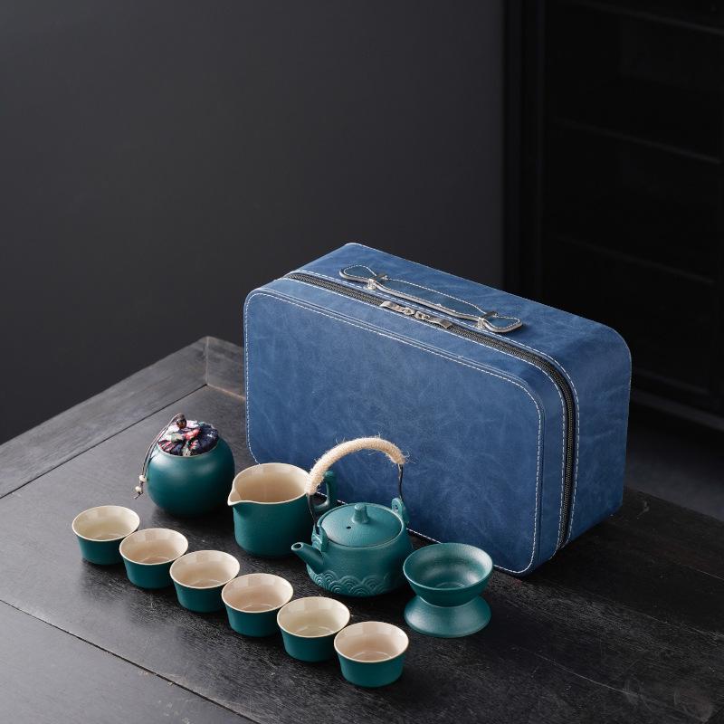 High-End Portable Ceramic Tea Set with Teapot, Teacups, and Tray for Household or Outdoor Use