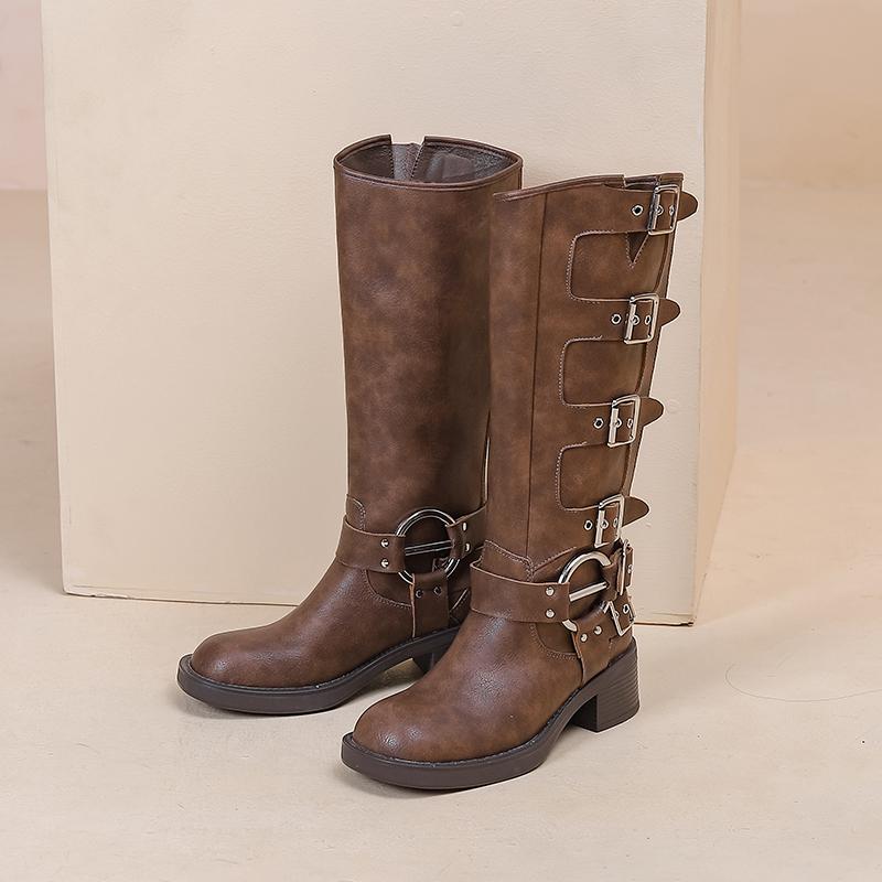 2025 Autumn New Fashion Women Cowboy Boots Belt Buckle Women Knight Boots British Style Women Chunky Heel Long Boots Botas Mujer