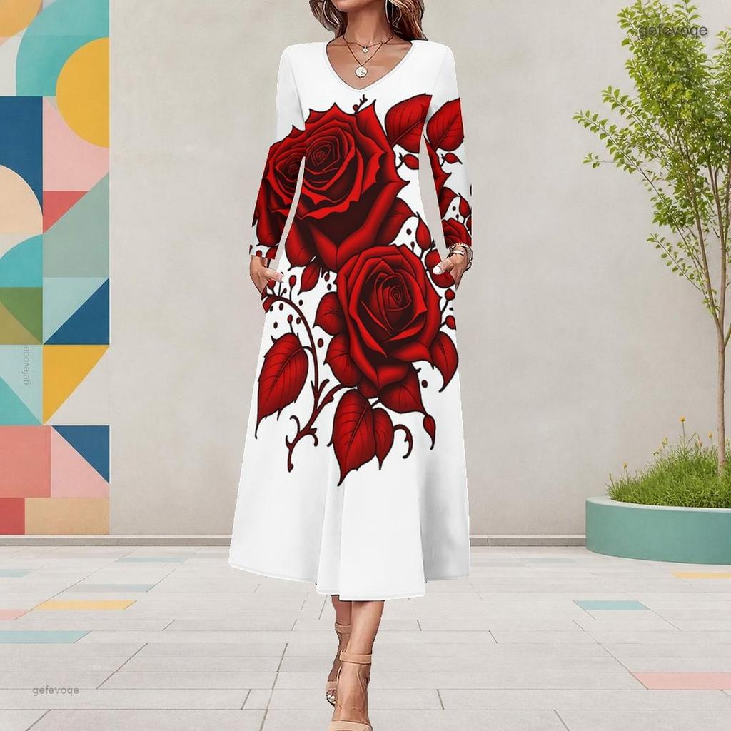 Women Plus Size V Neck Long Sleeve Colorful Printed A Line Midi Dress With Pockets