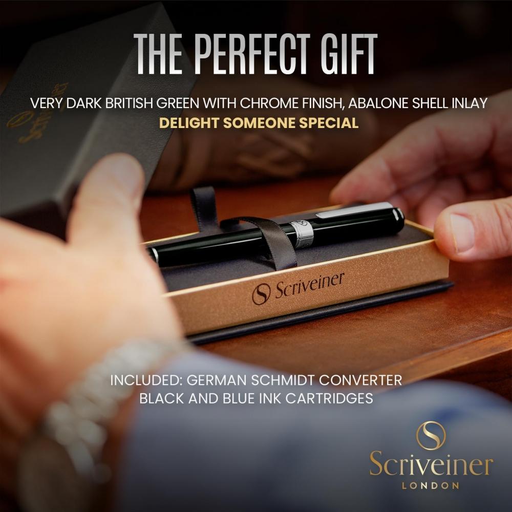 Scriveiner Black Green Fountain Pen - Stunning Luxury Pen with Chrome Finish, Schmidt Nib (Fine), Best Pen Gift Set for Men & Women, Professional, Exe