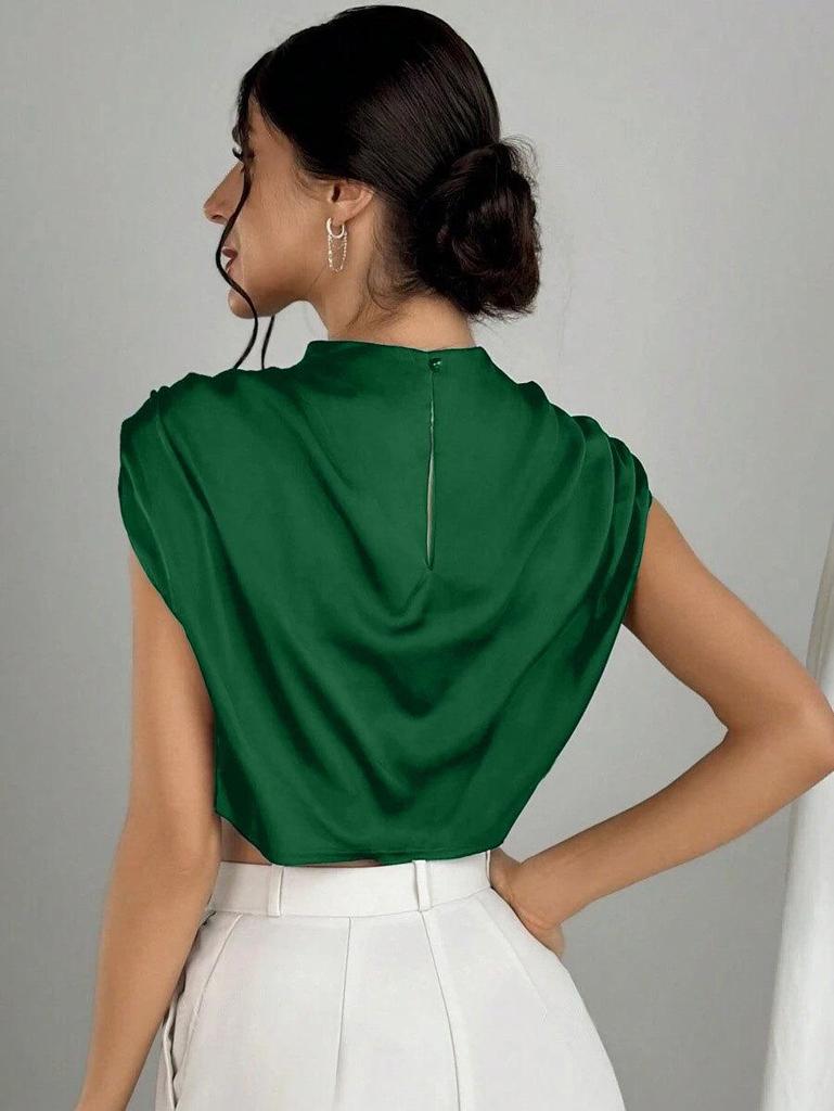 Cross-Border Hot Selling Women's Pleated Satin Shirt - Spring/Summer Imitation Silk Short Top