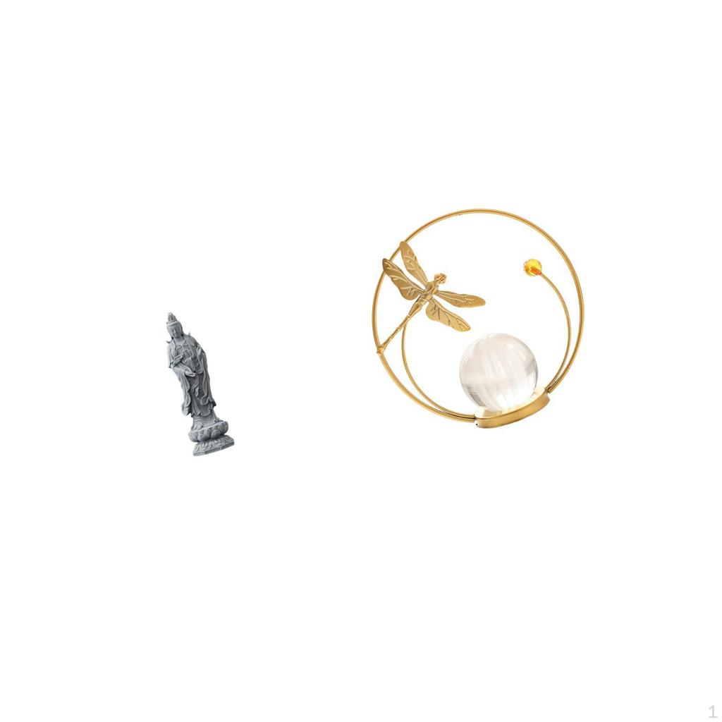 Guan Yin Crystal Ball Figurine Female Buddha Sculpture Metal Ornament for Bookshelf Cabinet Desktop
