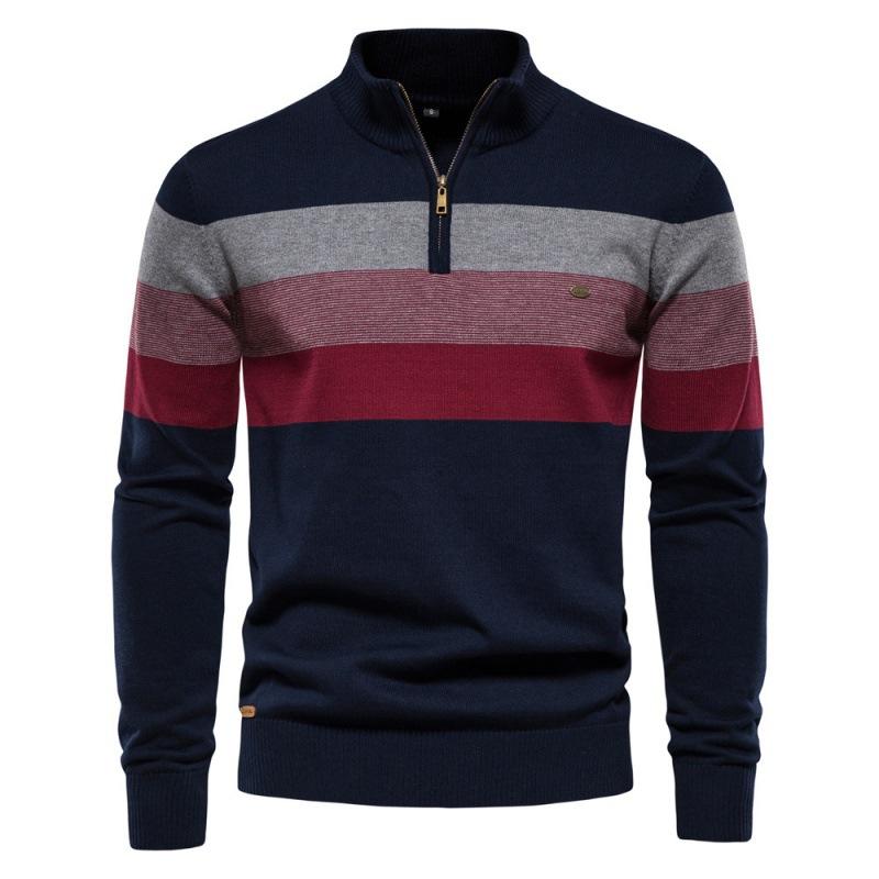 Fashion Foreign Trade Autumn And Winter Men'S Clothing Half Zipper Men'S Sweater Pullover Striped Splicing Knitted Sweater