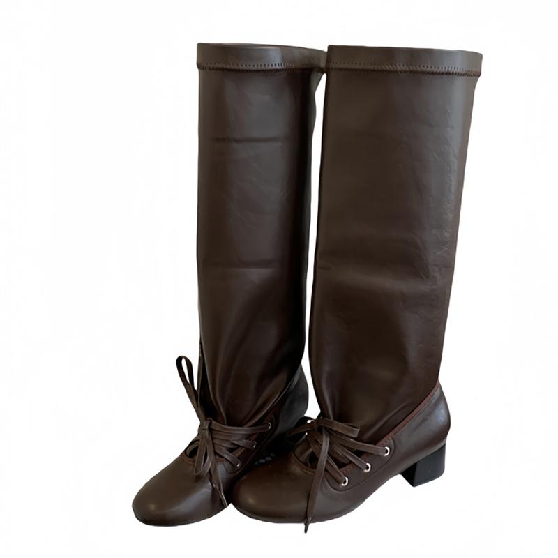 Fashion Liyke New Fashion Round Toe Lace Up Pleated Knee High Boots Woman Low Square Heels Autumn Winter Leather Ladies Shoes Booties