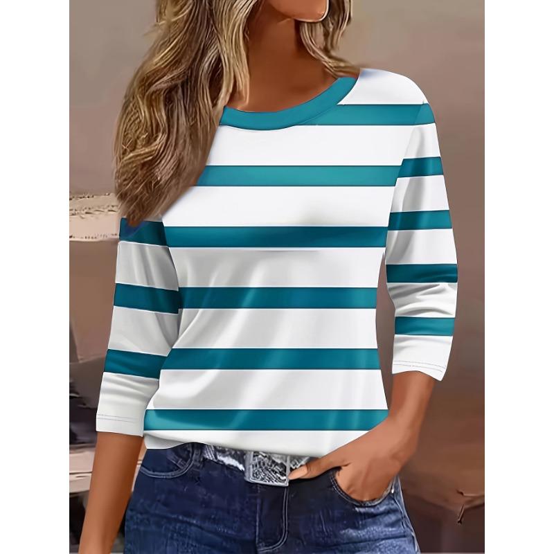 

Жіноча футболка 3D проста однотонна смугастий принт модна з довгим рукавом круглий виріз звичайний топ святковий вихідний весна та осінь 2XL
