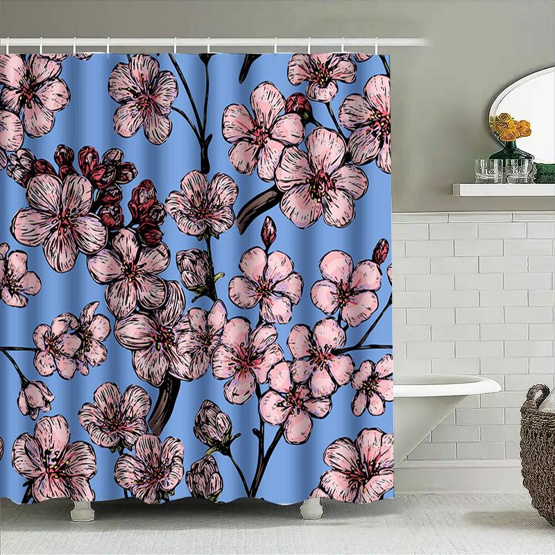 Artistic Pink Flower Shower Curtain Printed Fabric Waterproof Bathroom Decorative Privacy Tinting Bath Rug Set For Kids Room Gif
