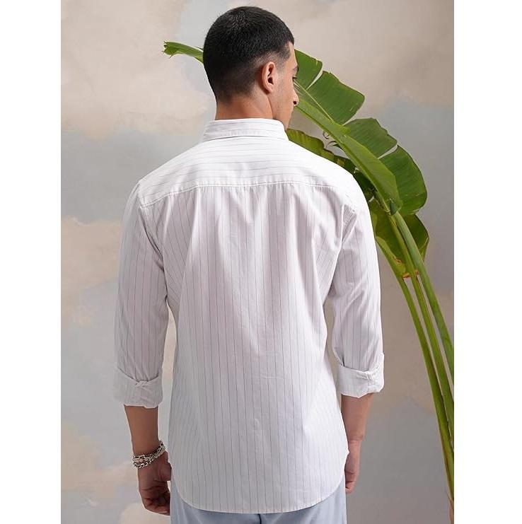 Men's Cotton Shirt Regular Fit Mandarin Collar Long Sleeve Striped