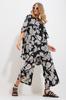 Women's Bottom-Top Set New Season Fashion Black Palazzo Trousers and Patterned Woven Viscose Kimono Set