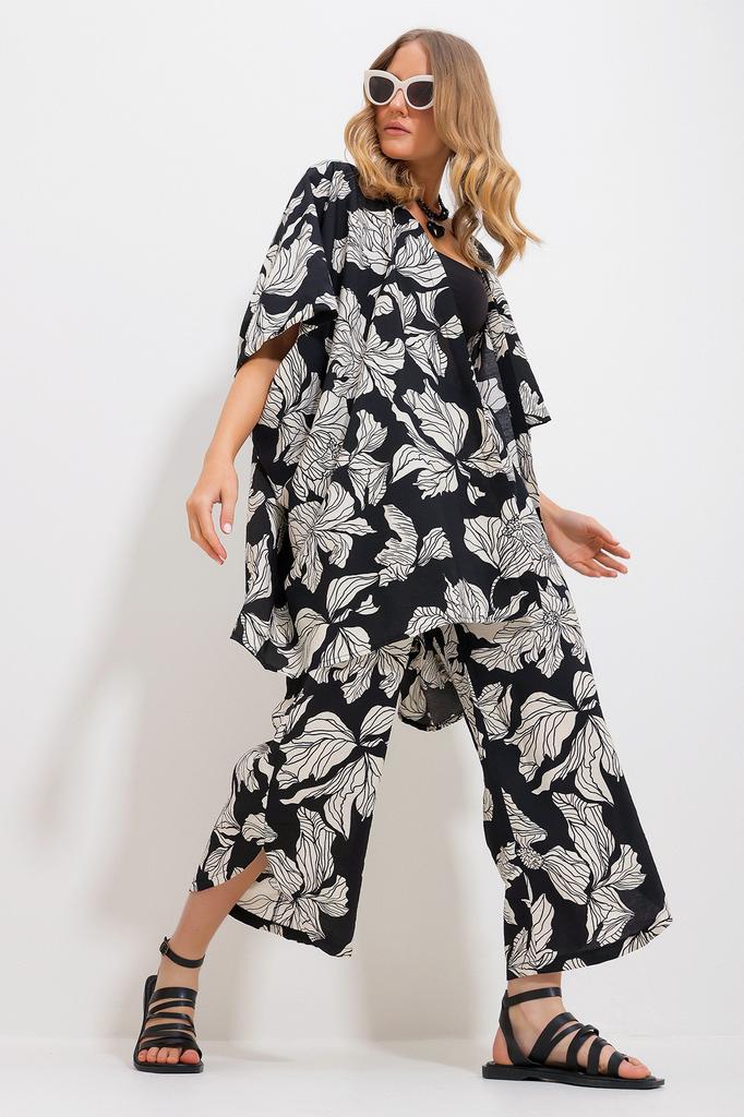 Women's Bottom-Top Set New Season Fashion Black Palazzo Trousers and Patterned Woven Viscose Kimono Set