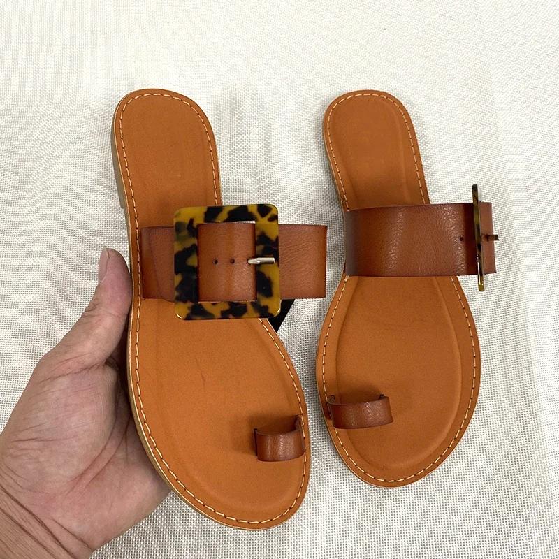 Fashion New Sandals Women Summer Sandal Beach Flat with Slides Square Buckle Fashion Woman Outside Shoes Female Slippers
