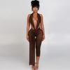 Fall European American Style Solid Color Sexy Sleeveless Halter Backless Tight Jumpsuit