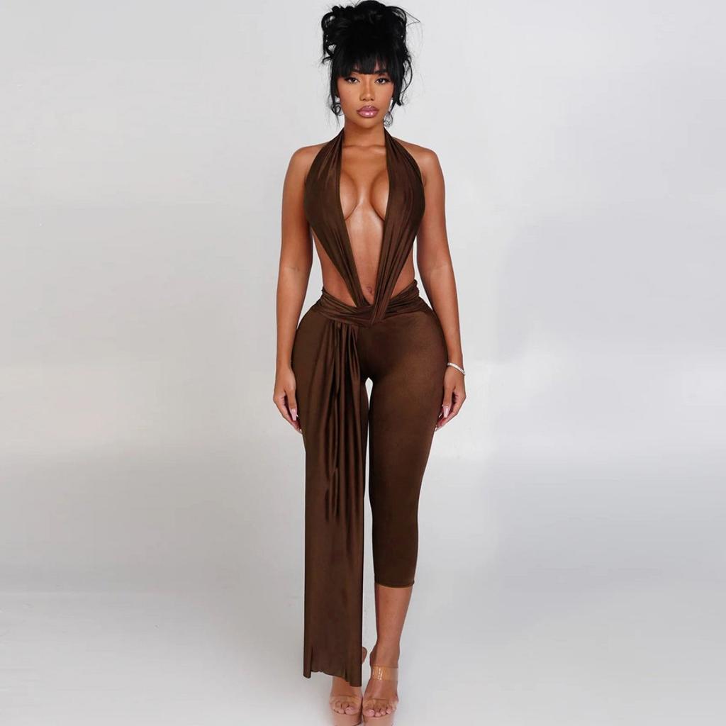 Fall European American Style Solid Color Sexy Sleeveless Halter Backless Tight Jumpsuit