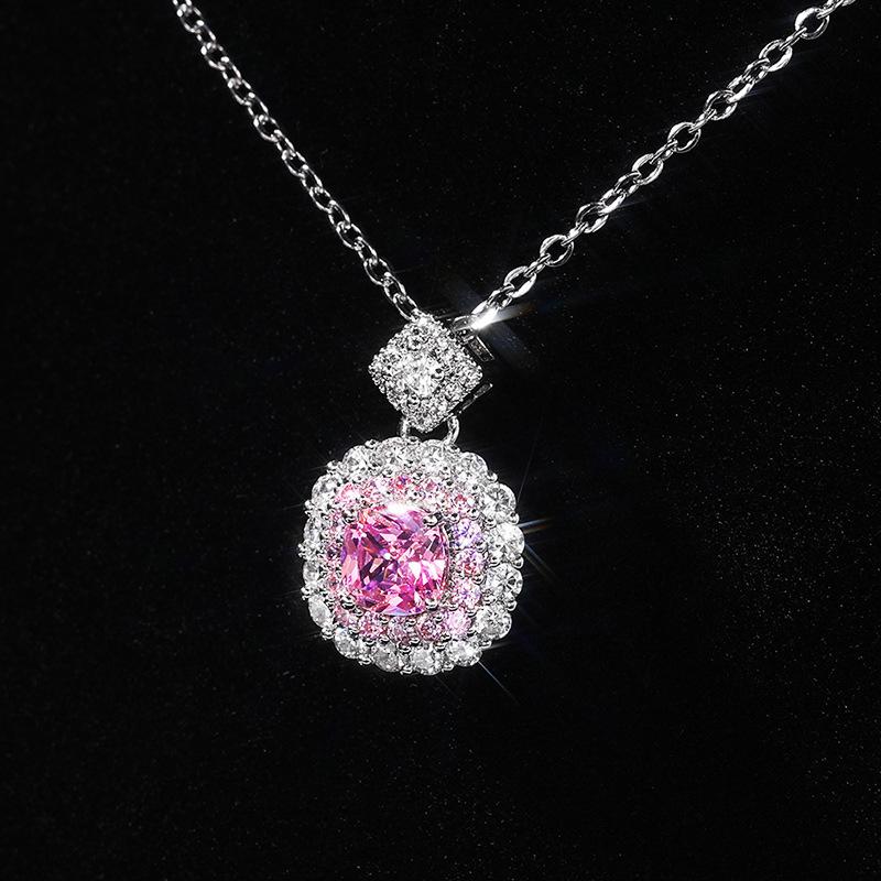 Internet Princess Square Diamond Pink Group Set Zircon Pendant Necklace Women'S Versatile Necklace