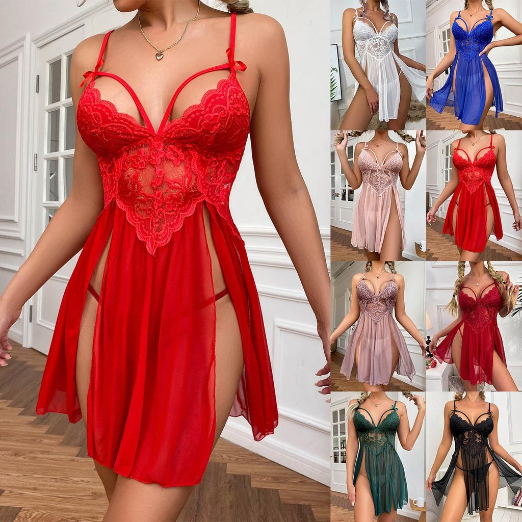 Women's Lace Panel Split Nightdress and Panty Set Adjustable Straps Sheer Mesh Fabric Soft Material Comfortable Fit Sleepwear