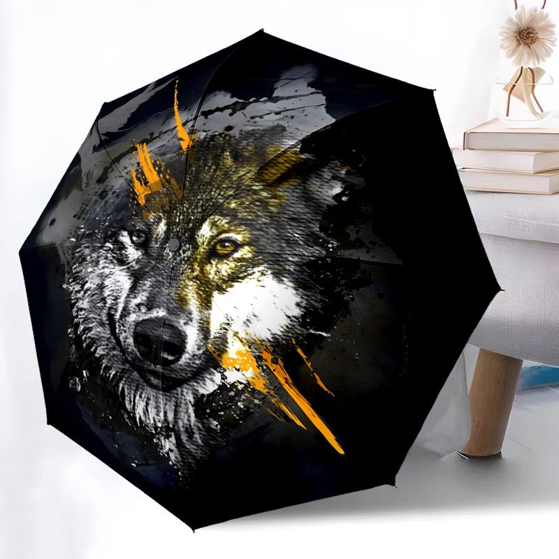 1pc Wolf Fashionable Automatic Opening/Closing Folding Umbrella with 8 Bones, Windproof Portable, Daily Use010