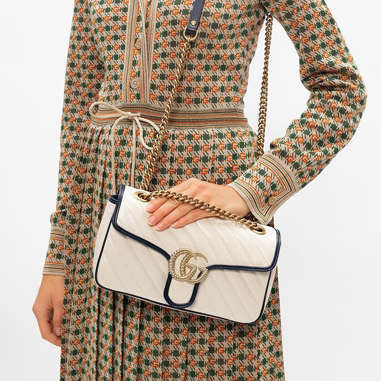 Gucci GG Marmont Color-Blocked Logo Chain Quilted Leather Shoulder Bag Women Shoulder Bag 443497-0OLFX-9085