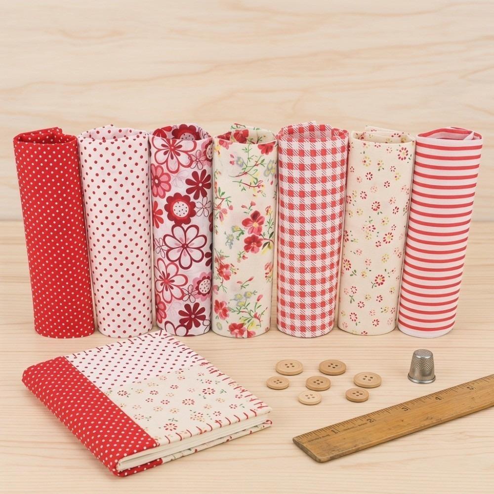 7Pcs Red floral pattern Patchwork Fabric Pure cotton material Pre-cut Cloth  Handmade patchwork 25*25cm