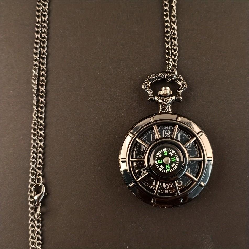 Vintage Black Compass Design Quartz Pocket Watch, With Necklace Pendant, World-Time Feature, Pointer Display Pocket Watch