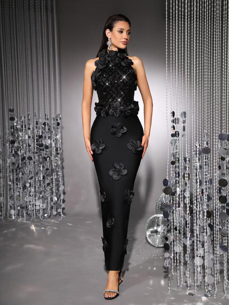 Elegant European and American Evening Gown: Sequined Floral High-End Sleeveless Long Bandage Dress