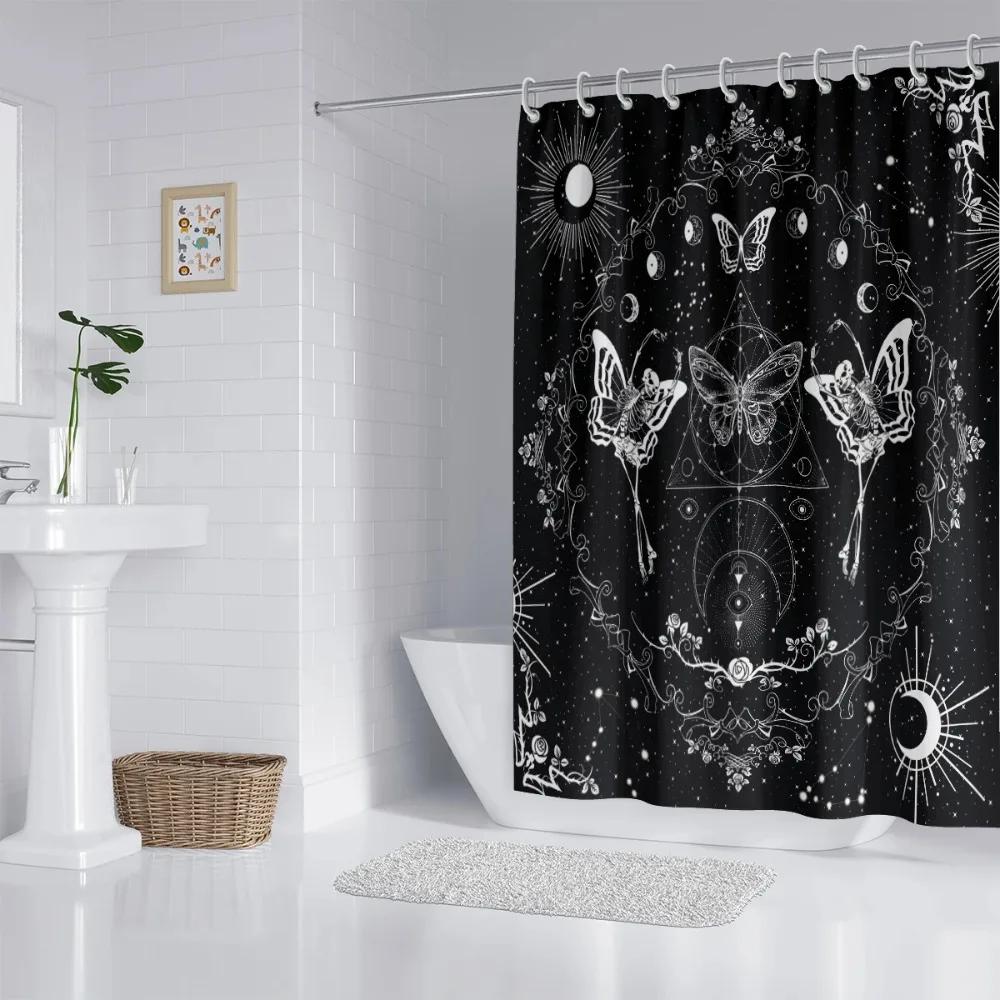 1Pc Skull And Butterfly, Gothic Style Shower Curtain, Waterproof, Washable, With 12 Hooks, Bathroom Shower, Bathtub, Home Use