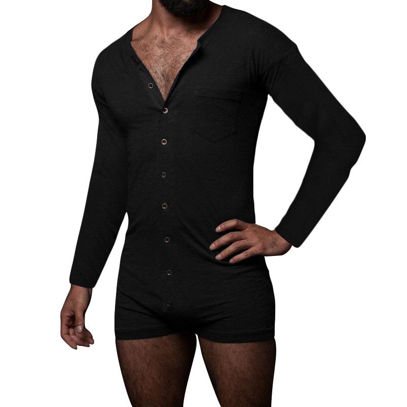 Solid Color Tight Jumpsuit Long Sleeved Sexy Casual Home Wear Men’s Pajama Sets