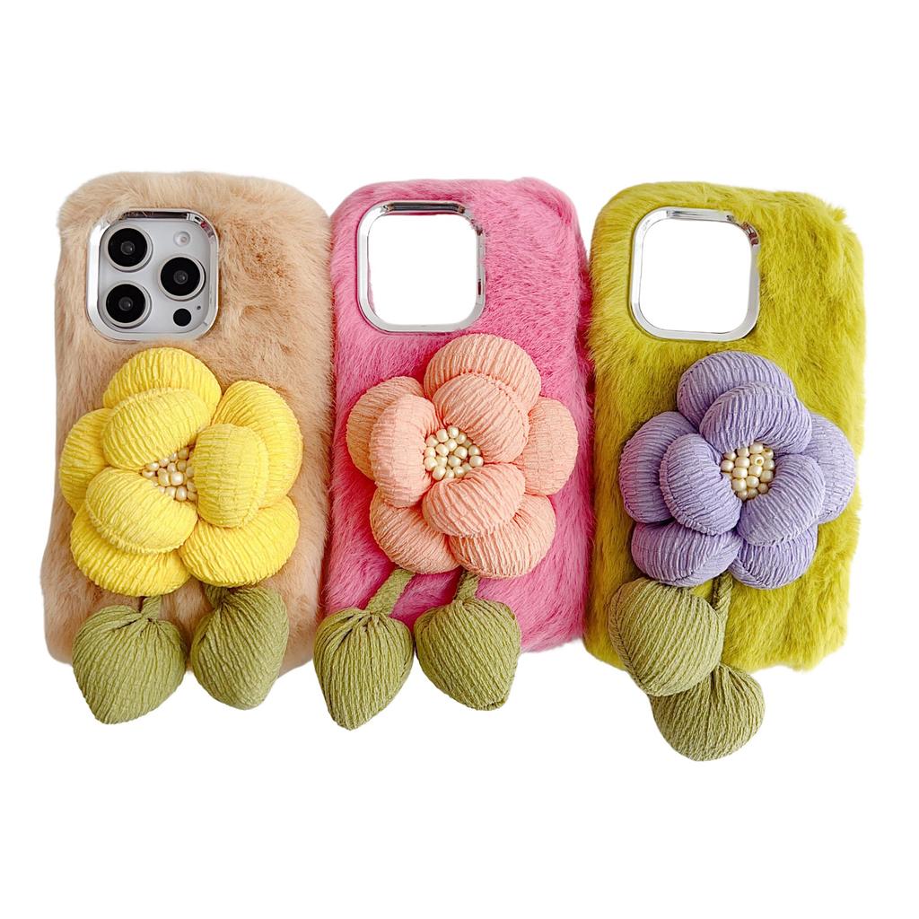 For iPhone 16 Pro Plush Phone Case 3D Flower Decor Fluffy TPU Back Cover
