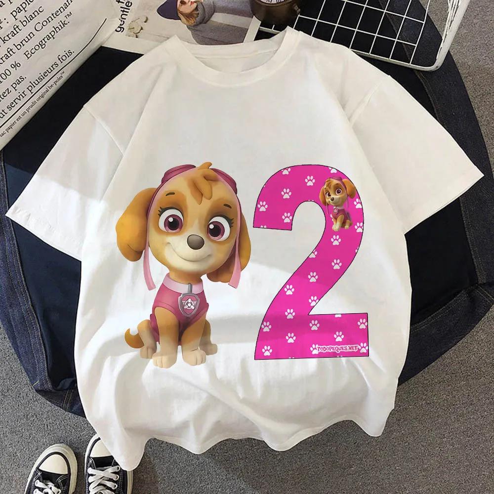 Paw Patrol Birthday Number Tee Shirt Baby Summer Cotton T Shirt Boy Girl Chase Skye Printed Kid Clothes Cartoon Letter Tops Gift