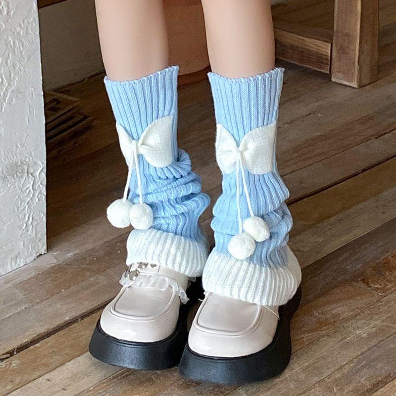 

Помпон Вязаные гетры Осень Зима Утепленные Теплые Новогодние Гетры с бантом Цветные Блоки Рождественский Стиль Японские JK Мешковатые Носки one size синий