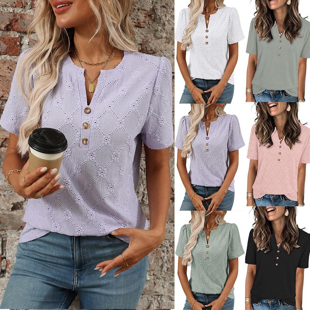 Summer Round Neck Short Sleeved Flower Jacquard Top Button T-shirt for Women Shirt