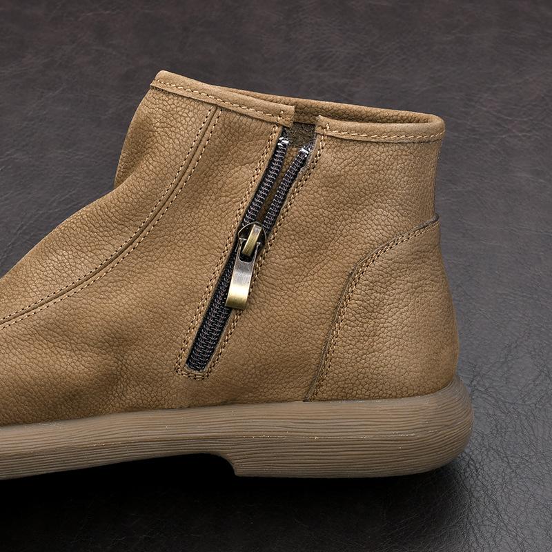 Genuine Leather Men's Toe Layer Cowhide Frosted Soft Leather Martin Boots Men's Chelsea Retro British Zipper High Top Short Boots