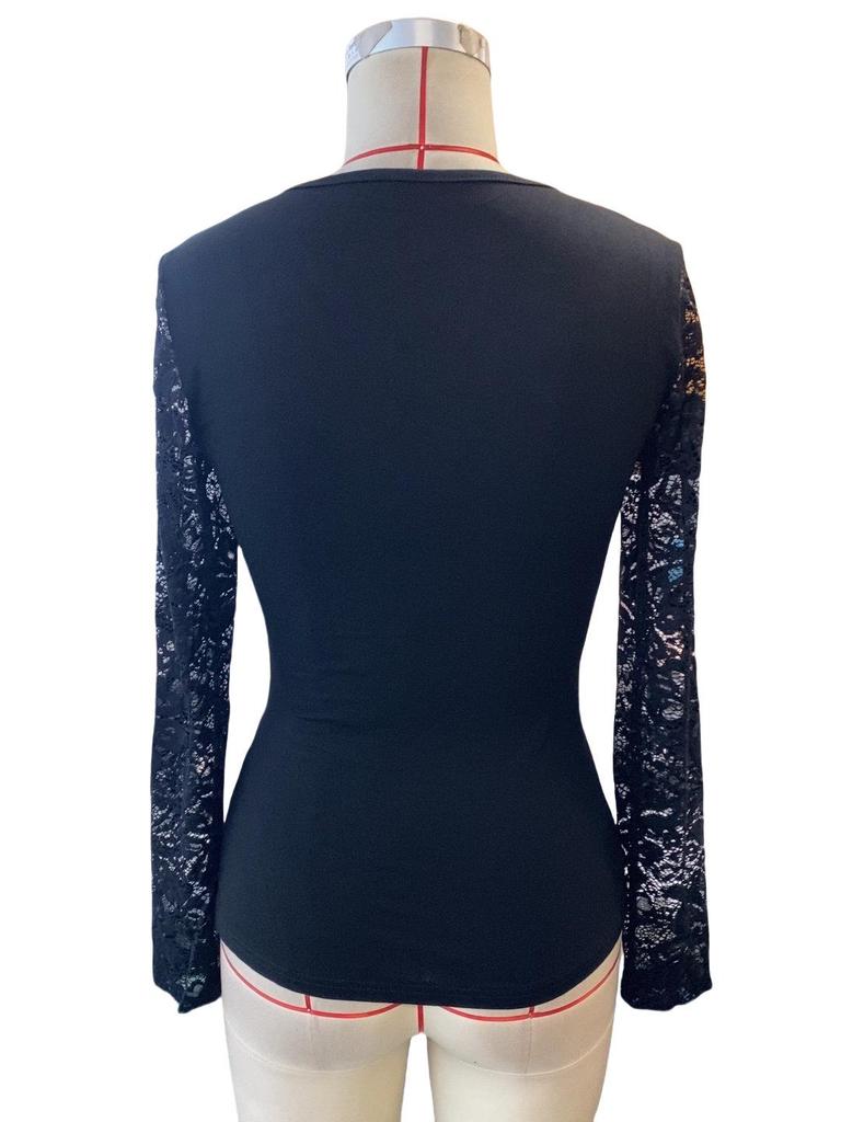 2024 Autumn/Winter Slim Fit Solid Color T-Shirt with Lace Sleeves for Women