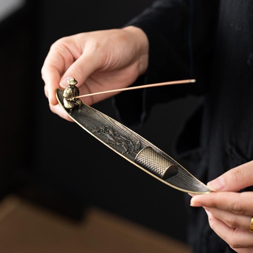 Creative Boat Shape Incense Holder Old Men Fishing Traditional Incense Burner Zen Style Metal Incense Censer Home Office Decor