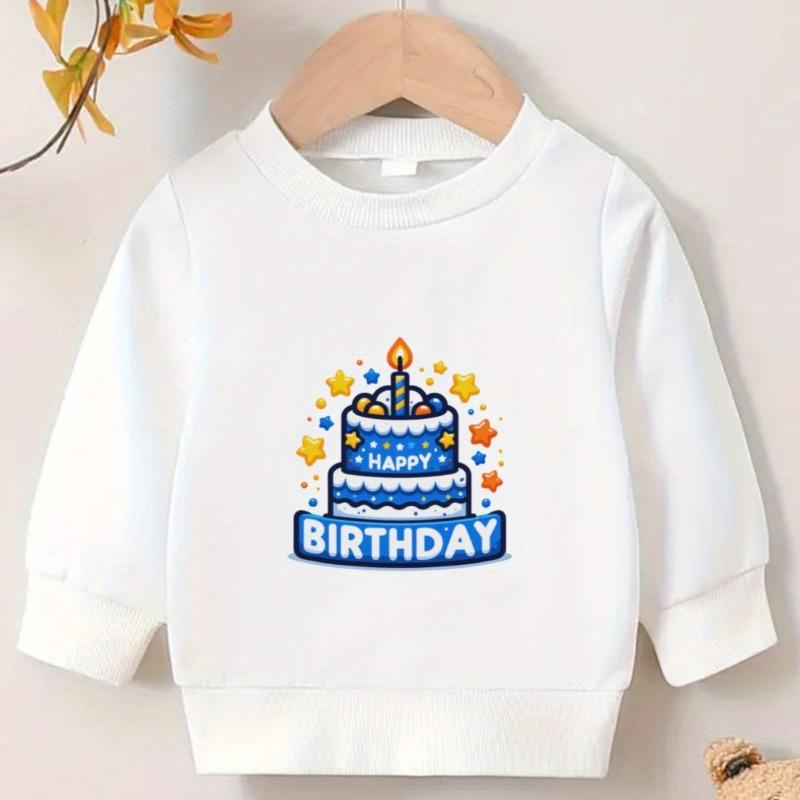 Kids Lightweight Crewneck Pullover Sweatshirt, Cartoon Birthday Cake & "BIRTHDAY" Letter Graphic Print