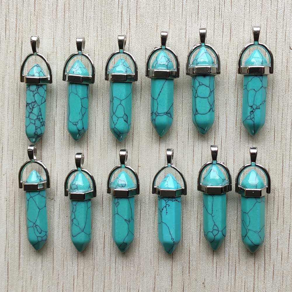 Natural stone quartz aventurine lapis crystal hexagonal pillar Pendants for Jewelry accessories 12pcs
