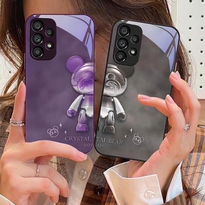 Crystal Metal Bear For Samsung Galaxy S10 4G S20 11E 30 S21 21Fe 22 S24 Pro S23 Ultra 5G S8 S9 Tempered Glass Phone Case