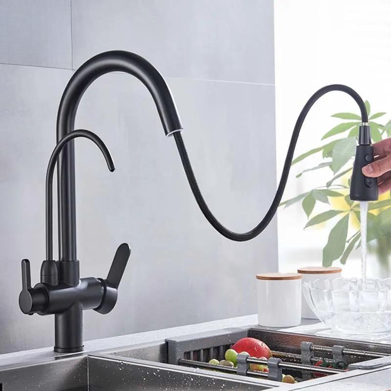 Purification Water Kitchen Faucet Black 360° Rotating Filter Water Faucets Pull Out Sprayer 3 Ways Hot Cold Water Mixer Tap